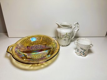 NT/ 3pcs - Vintage Carnival Glass Divided Dish Irridescent, Floral China Creamer & Toothpick Holder