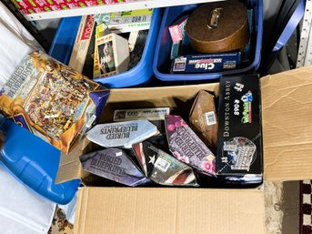 A/ 3 Bins/Boxes - Assorted Vintage Board Games And Puzzles: Monopoly, Jeopardy, Trivial Pursuit Etc