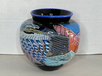 G/ Spectacular Art Glass Vase - Blue And Multicolor, Very Heavy