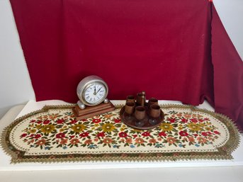 E/ 3pcs - Belgium Tapestry Table Runner, Cuba Wood Rum Drink Set, Wood & Metal Clock