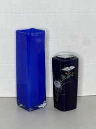 G/ 2pcs - Lovely Tall Blue Glass Vase And Blue China Vase Made In Japan