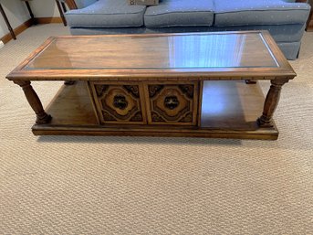 LR/ Cool Vintage Wood Coffee Table, 2 Wood Carved Doors, Open Shelves, Protective Glass Top