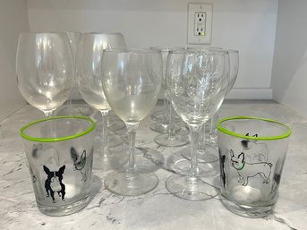 K/ 15 Assorted Glassware - 2 Sally Muir Green Rim Frenchie Glasses, 7 Smaller & 6 Larger Stemmed Wine Glasses