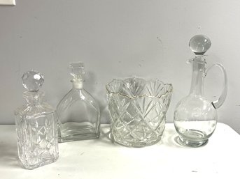Bar Bundle #2, 4 Pcs - Etched Pitcher, 2 Glass Decanters, Gold Rimmed Glass Ice Bucket