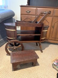 LR/ 2 Vintage Pcs - Wood & Brass Detailed 2 Wheel Serving Cart And Small Wood Footstool