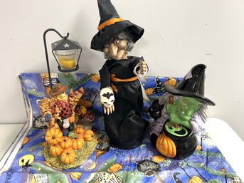 4 Pc Halloween Decor - Scarecrow & Ceramic Witch Candle Holder, Battery Operated Witch, Vinyl Tablecloth