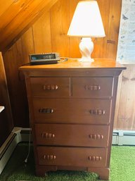 UB2/ 3pcs - Vintage Wood Bureau W Wood Pulls, White Ceramic Lamp And Panasonic Clock Radio