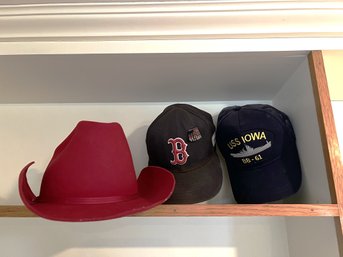 LR/ Shelf W 3 Hats - Red Dynafelt Cowboy, Boston Red Sox Ballcap, USS Iowa BB-61 Ballcap