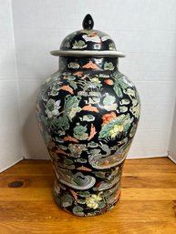 G/ Impressive 19' High Pottery Ginger Jar With Cover - Painted, Glazed - Very Heavy