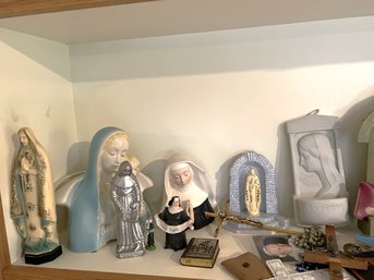 LR/ Shelf W Huge Lot Religious Items - Statues, Rosary Beads, Figures, Holy Water Fonts, Crucifixes Etc