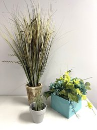 3 Faux Plants - Tiffany Blue Ceramic W Spring Florals, Stoneware W Tall Sea Grass, Small Cactus