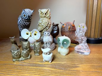 2B/ 13pcs - Assorted Owl Figurines In Wicker, Wood, Glass, Solid Brass, Candle