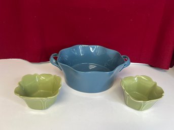 E/ 3pcs - 1 Blue BIA Handled Casserole & 2 Green Pier 1 Small Stoneware Bowls