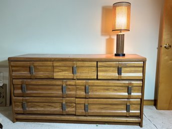 2B/ 2pcs - MCM Wooden 6 Drawer Dresser W Hammered Metal Pull And An MCM Table Lamp