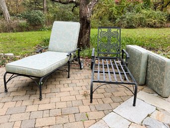 BY/ 4pcs - 2 Metal MCM Design Adjustable Patio Chaise Loungers W Scroll Work, On Wheels With Cushions (Lot 2)
