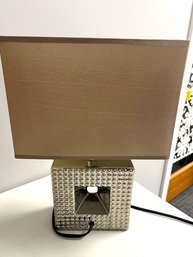 Contemporary Table Lamp - Square Metal Indented Body W Brown Silk Like Rectangle Shade
