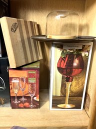 B/ 4pcs - Flower, Cheese And Wine Lot: 4 Flutes, Candle, 2 Wood Cheese Boards Etc