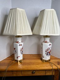 G/ 2 Matching Asian Influence White And Floral Table Lamps With Gold Colored Bases