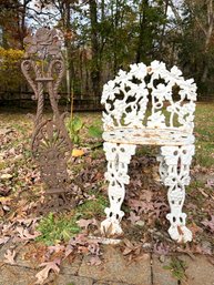 BY/ 2pcs - White Cast Iron Seat W Grape & Leaf Design And Small Cast Iron Brown Trellis W Rose & Scroll Design