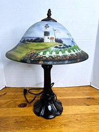 G/ Lovely Light House And Sea Scene Painted Glass Shade Lamp With Metal Base