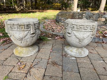 BY/ 2 Neoclassical Stone Planter Urns With Greek Key And Grape Designs