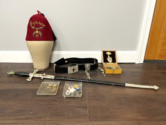 NT/ 5 Vintage Masonic Pcs- Ceremonial Sword & Sheath, Sword Belt, Red Fez, 2 Boxes Assorted Pins