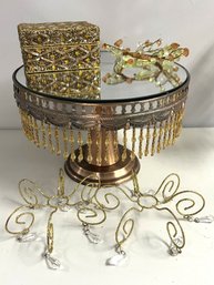 Amber Gold Decor Bundle #1 - Copper Mirror Top Beaded Cake Stand, 3 Candle Decor, Beaded Trinket Box