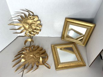 2BB/ 4pcs - Assorted Gold Wall Art: 2 Small Gold Framed Mirrors & 2 Gold Windswept Sun Face Wall Ornaments