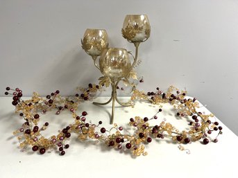 Amber Gold Decor Bundle #2 - Triple Metal & Glass Candle Holders, Amber Pink Red Bead Garland