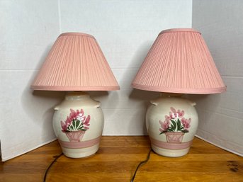 G/ Pair Of Ceramic Floral Table Lamps With Pink Shades