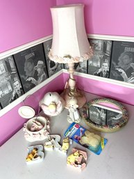 2BB/ 11pcs - Assorted Pink Decorative Lot Including: Lamp, Mirror, Precious Moments Figurines Etc