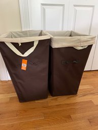 2H/ Set Of 2 Brown Fabric Laundry Hampers W Mesh Removable Lining, 1 With Tags, 1 Without