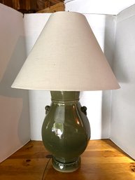 G/ Handsome Large Olive Green Ceramic Base Lamp With Oblong Shade