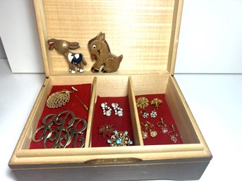 NT/ Costume Jewelry #3 - Pins, Earrings Etc & Wood Reuge Music Box Boy W Umbrella