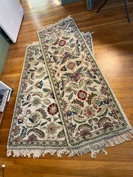 2A/ 2 Kaleen Floral Print Rugs From India - Cream Background W Reds, Blues, Beige & Green - Fringed Ends