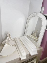 2BB/ 5pcs - Assorted White Wall Decorations: 2 Floating Shelves, 2 Corner Shelves, 1 Hanging Mirror