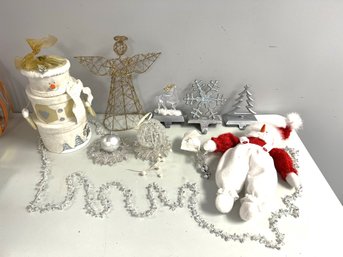 Holiday Christmas Decor - 3 Stocking Holders, Golden Angel, Soft Snowman, Silver Garland, Snowman Box....