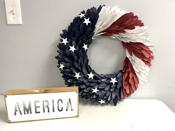 Red White & Blue America Patriotic Decor - Painted Wood Wreath, Metal & Wood Stencil Table Sign