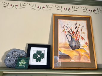 2A/ 4pcs - Assorted Wall Art: Still Life Vase, Framed Celtic Knot, 2 Irish Quotes On Slate/Stone