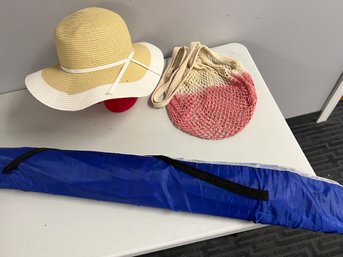 3 Pc Beach - Galliano Sorbatti Italy Beach Hat, Cotton Loose Weave Bag, Striped Beach Umbrella In Carry Bag