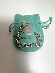 NT/ Box - Tiffany 925 Sterling Link Bracelet W Round Tag, Lobster Claw Clasp & Tiffany & Co. Blue Bag