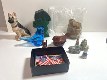 NT/ Box With Small Tchotchkes :  Wood Puzzles, Glass Birds, Tiny Buddha Etc