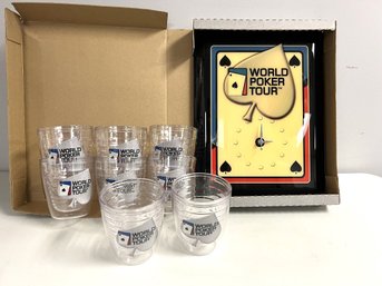 9 Pc World Poker Tour Bundle - New In Box Logo'd Wall Clock & 8 Tervis Insulated Logo'd Tumblers