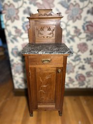 LR/ Charming Vintage Stone Top Wood Cabinet/Washstand With Floral Carvings