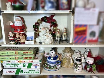 B/ 2 Wide Shelves - Vintage And Modern Twinkle Lights, Santas, Snowmen, Jingle Wreath Etc