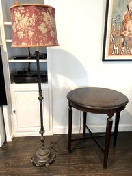 FR/ 2 Pcs - Beautiful Ornate 2 Bulb Floor Lamp & Round Wood Leather Top Side Accent Table By South Cone Peru