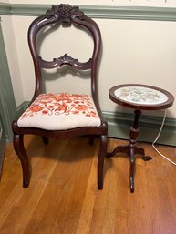 2A/ 2pcs - Lovely Vintage Wood Side Chair And Table With Crewel Embroidery