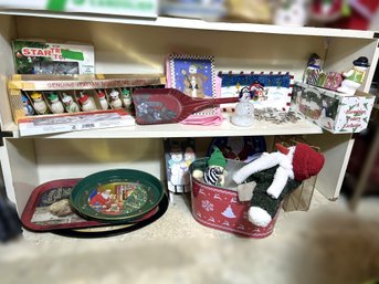 B/ Bottom 2 Shelves - Christmas Decor And Figures: Italian Snowmen Mini Lites, Trays, Tins Etc.
