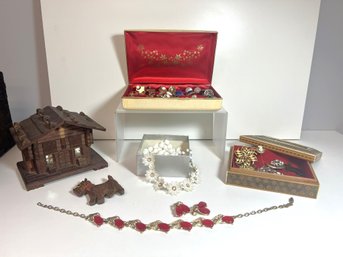 NT/ Bin W Costume Jewelry #5 - Necklaces, Pins, Earrings And 3 VintageJewelry Boxes