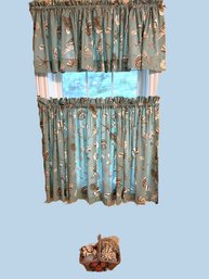 HB/ 3pcs - Seashells By The Seashore Curtain And Valance, Wicker Basket Of Coral And Shells